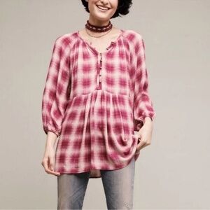 Maeve by Anthropologie pink plaid long sleeve top